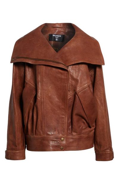 Balmain High Collar Leather Bomber Jacket