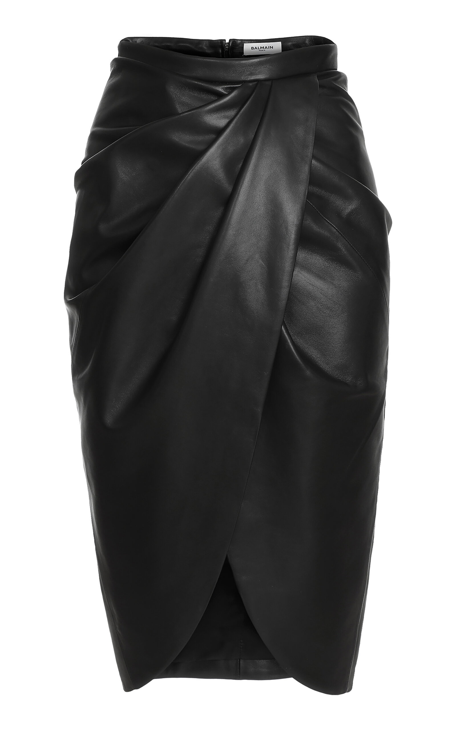 Balmain Balmain HighWaisted Draped Leather Midi Skirt