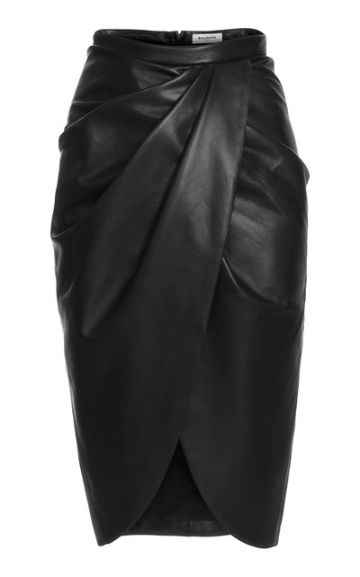 Balmain Balmain HighWaisted Draped Leather Midi Skirt