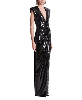 Balmain Balmain Long Draped Sequin Dress with Embellished Detail