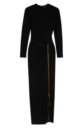 Balmain Balmain Long Sleeve Draped Zip Compact Jersey Maxi Dress