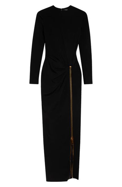 Balmain Balmain Long Sleeve Draped Zip Compact Jersey Maxi Dress