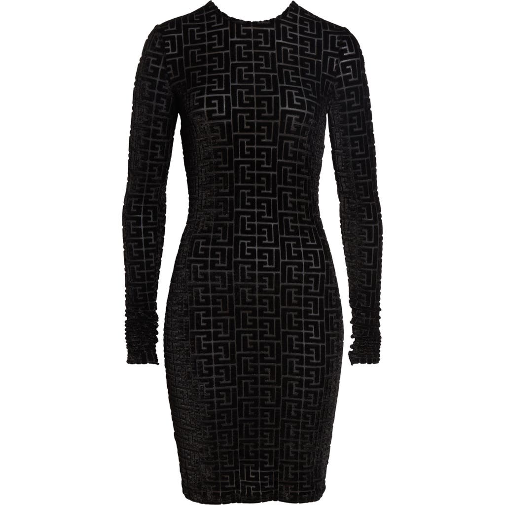 Balmain Balmain Monogram Jacquard Open Back Long Sleeve Devoré Velvet Body-Con Minidress