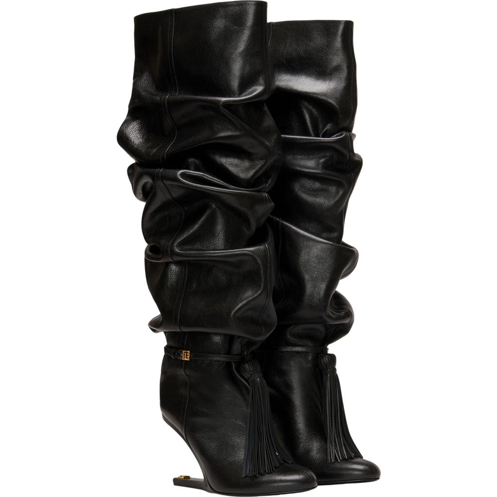 Balmain Balmain No Wedge textured leather thigh-high boots with tassel