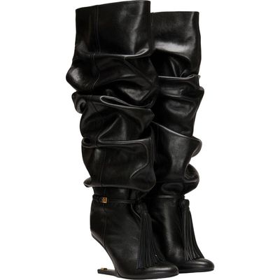 Balmain Balmain No Wedge textured leather thigh-high boots with tassel
