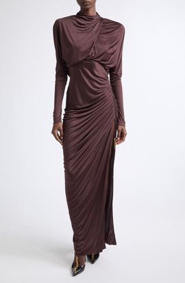 Balmain Balmain Open Back Ruched Viscose Jersey Gown
