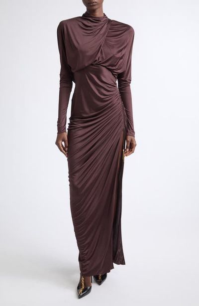 Balmain Balmain Open Back Ruched Viscose Jersey Gown