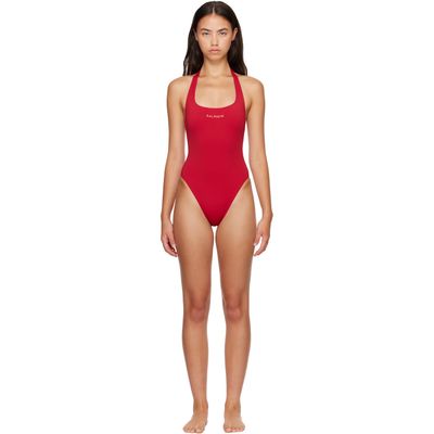 BALMAIN BALMAIN Red Studded Logo Halter Swimsuit