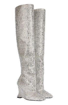 Balmain Balmain Wedge Thigh-High Satin Boots with Crystals