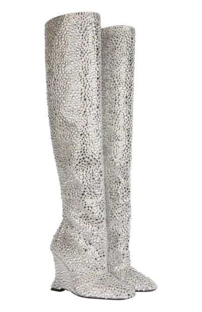 Balmain Balmain Wedge Thigh-High Satin Boots with Crystals