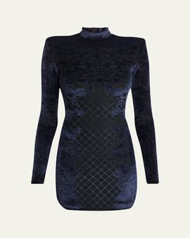 Balmain Baroque Velvet Strong-Shoulder Long-Sleeve Mini Dress