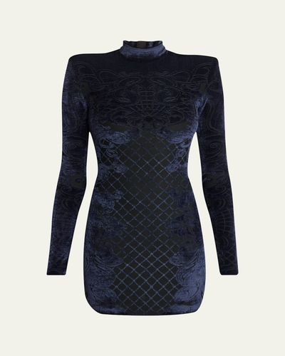 Balmain Baroque Velvet Strong-Shoulder Long-Sleeve Mini Dress
