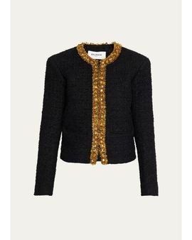 Balmain Beaded Metallic Tweed Collarless Jacket