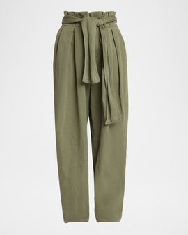Balmain Belted Twill Straight-Leg Paperbag Pants