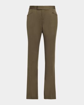 Balmain Buckle-Waist Wool Satin Straight-Leg Pants