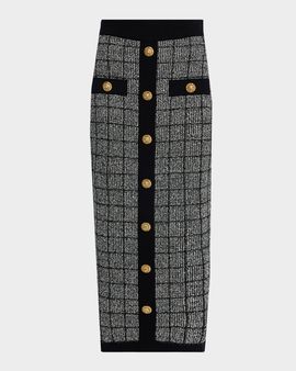 Balmain Buttoned Grid-Check Knit Skirt