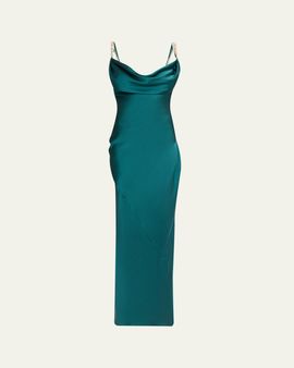 Balmain Cowl-Neck Embroidered Strap Silk Column Gown