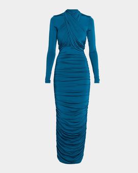 Balmain Crisscross Draped Long-Sleeve Jersey Ankle Dress