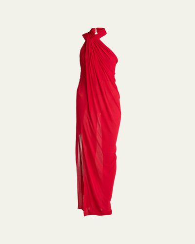 Balmain Cross Neck Draped Jersey Gown