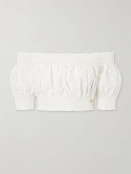 BALMAIN Embellished cropped off-the-shoulder cotton-poplin top