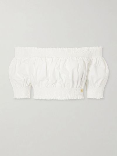 BALMAIN Embellished cropped off-the-shoulder cotton-poplin top
