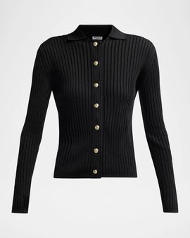 Balmain Flat Rib-Knit Polo Sweater