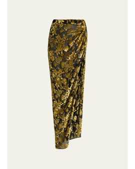 Balmain Floral Velvet Jacquard Draped Slit Maxi Skirt