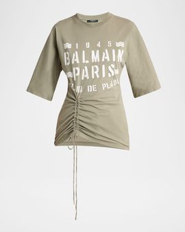 Balmain Logo-Print Ruched Short-Sleeve T-Shirt