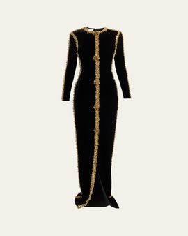 Balmain Long-Sleeve Beaded Velvet Maxi Dress