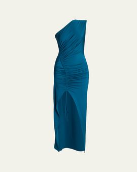 Balmain One Shoulder Fluid Jersey Ruched Gown