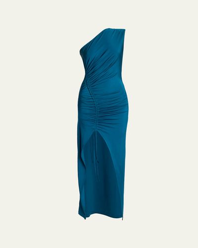 Balmain One Shoulder Fluid Jersey Ruched Gown
