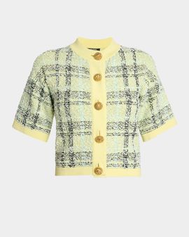 Balmain Paillette Check Tweed Short-Sleeve Cardigan