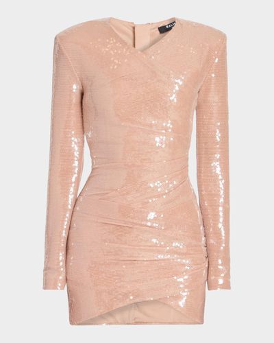 Balmain Sequined Long-Sleeve Draped Bodycon Mini Dress