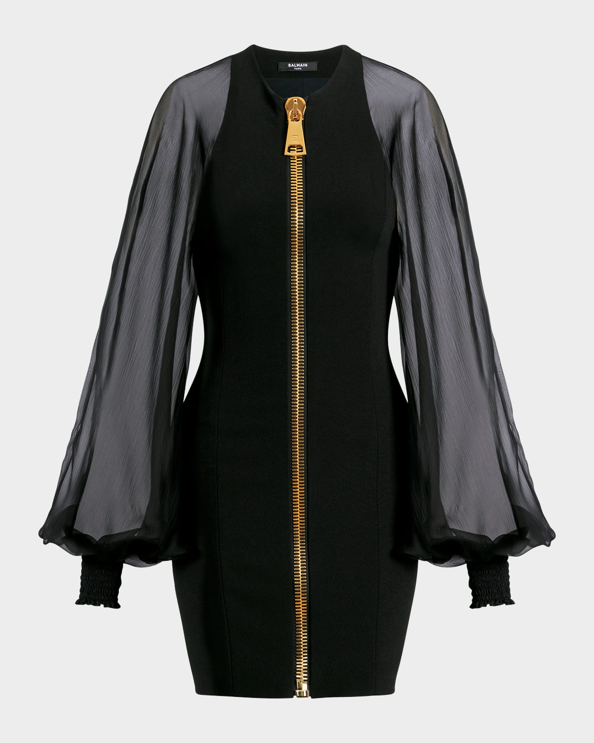 Balmain Sheer-Sleeve Compact-Knit Mini Dress