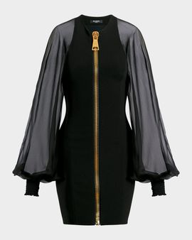 Balmain Sheer-Sleeve Compact-Knit Mini Dress