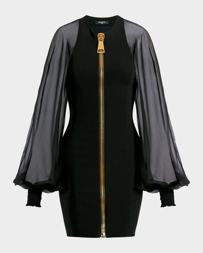 Balmain Sheer-Sleeve Compact-Knit Mini Dress