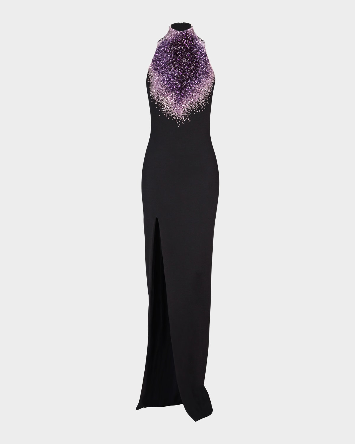 Balmain Sleeveless Amethyst Embroidered Milano Jersey Slit Gown