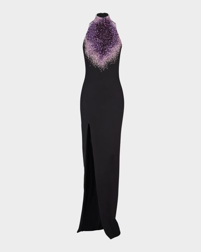 Balmain Sleeveless Amethyst Embroidered Milano Jersey Slit Gown
