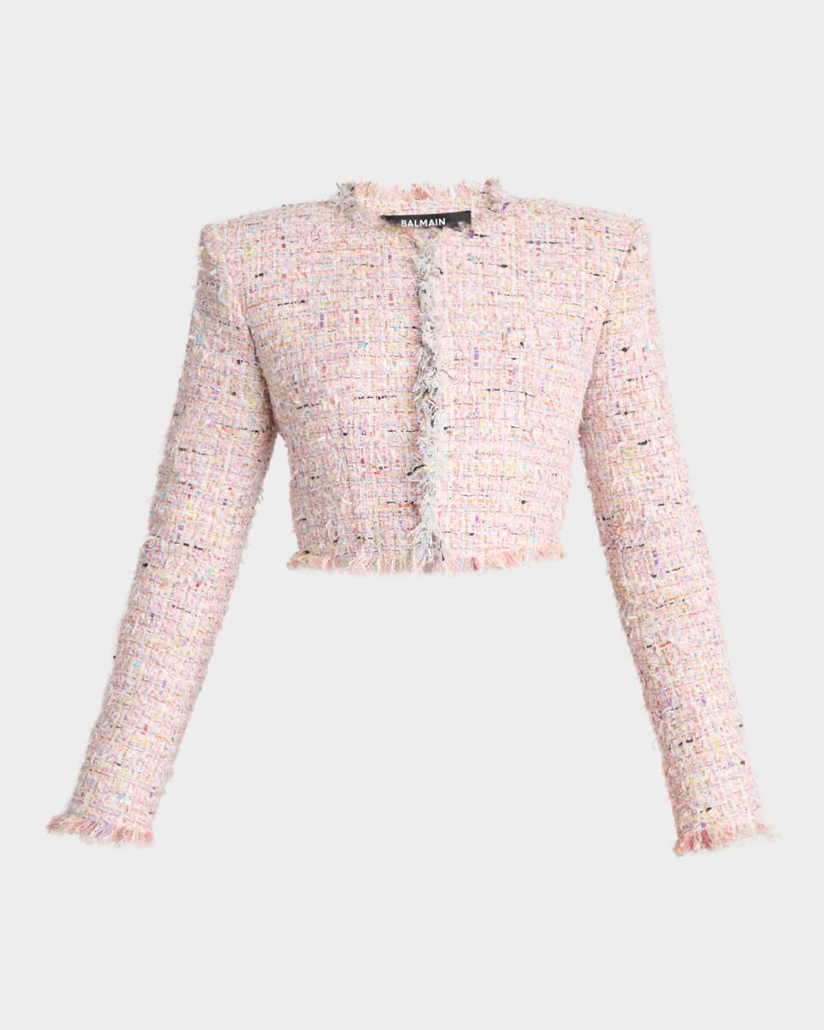 Balmain Speckled Tweed Fringed Crop Open Jacket