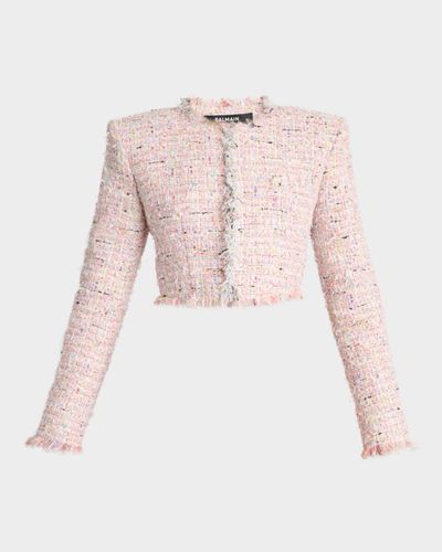 Balmain Speckled Tweed Fringed Crop Open Jacket