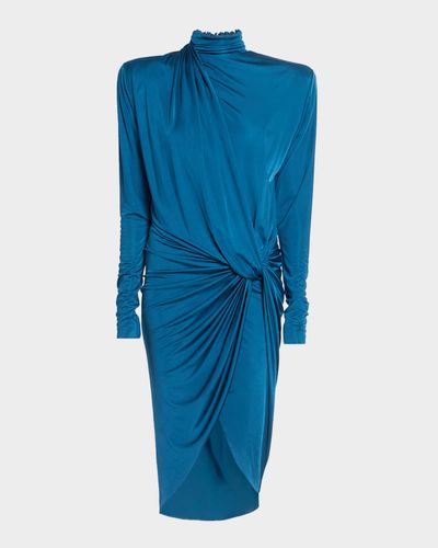 Balmain Strong-Shoulder Draped Jersey Long-Sleeve Dress
