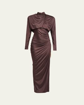 Balmain Strong-Shoulder Jersey Ruched Slit Maxi Dress