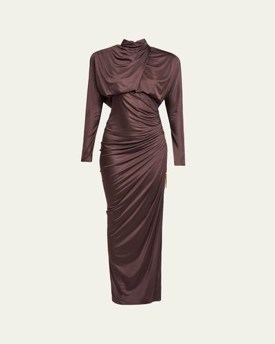 Balmain Strong-Shoulder Jersey Ruched Slit Maxi Dress