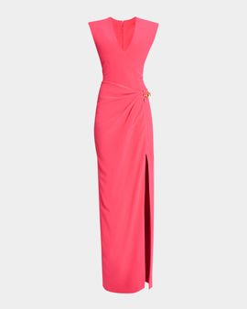 Balmain Strong-Shoulder Sleeveless Chain-Wrap Slit Gown