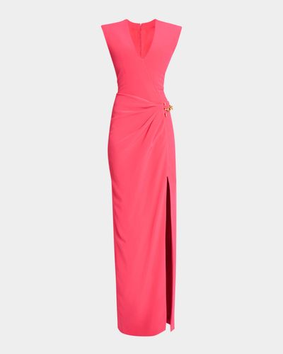 Balmain Strong-Shoulder Sleeveless Chain-Wrap Slit Gown
