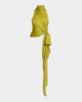 Balmain Turtleneck Bow Silk Charmeuse Sleeveless Top