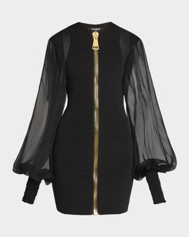 Balmain Tweed Chiffon-Sleeve Jacket