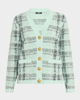 Balmain V-Neck Plaid Tweed Loose Cardigan