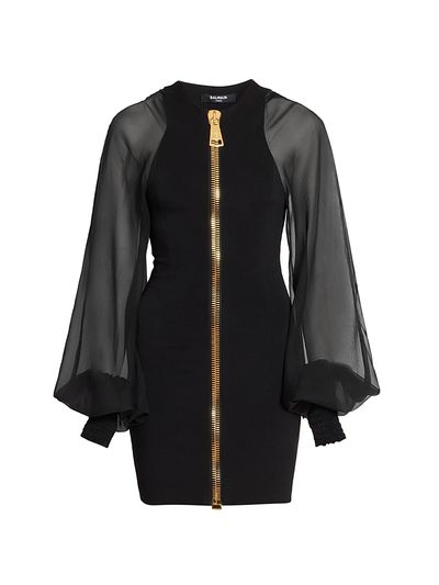 Balmain Women's Compact Knit Chiffon-Sleeve Minidress