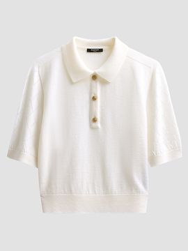 Balmain Women's Diamond-Knit-Sleeve Merino Wool Polo Shirt